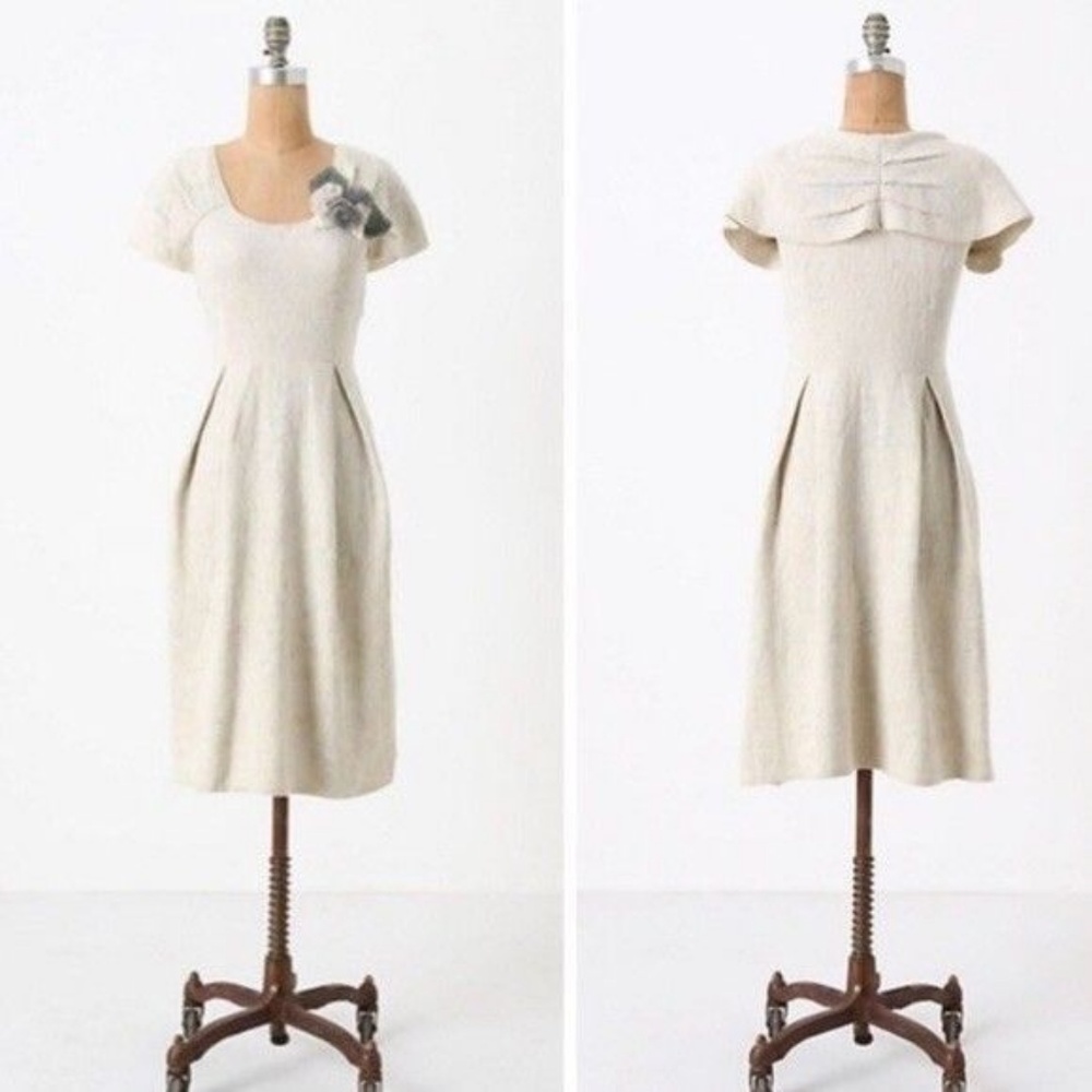 Anthropologie Moth Cream Off-Shoulder Pleat Dress